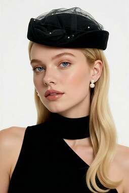 Vintage Importina Geo W. Bollman 100% Wool Black Beret with Rhinestone Mesh Veil